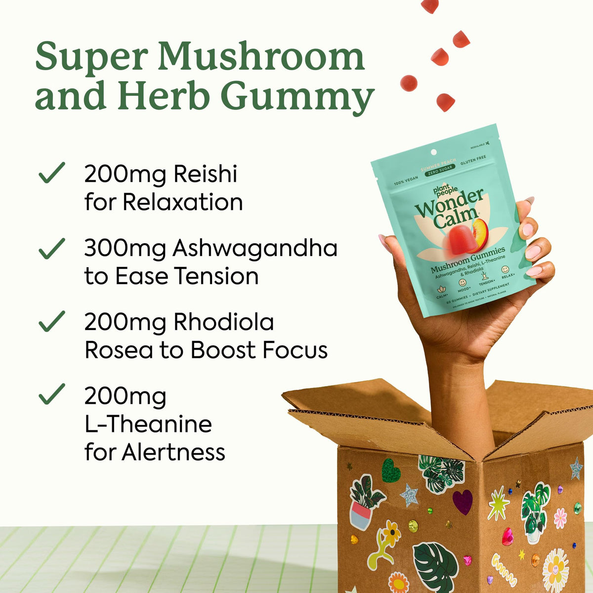Gomitas de hongos WonderCalm de Plant People – Ashwagandha para el estrés y el estado de ánimo | Melocotón | Vegano, sin gluten | 60 unidades