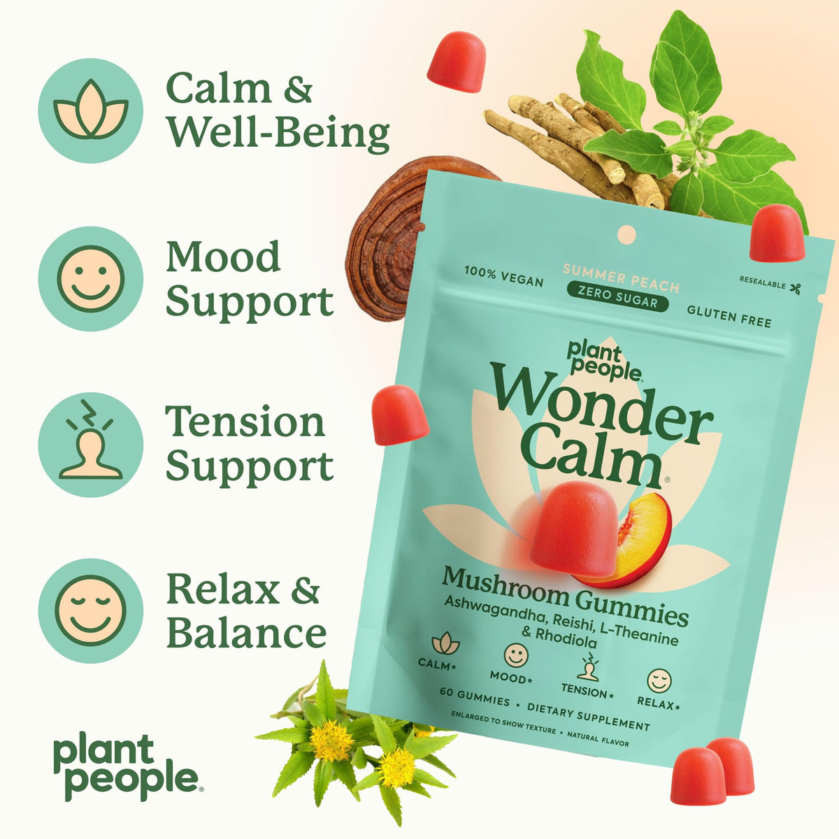 Gomitas de hongos WonderCalm de Plant People – Ashwagandha para el estrés y el estado de ánimo | Melocotón | Vegano, sin gluten | 60 unidades