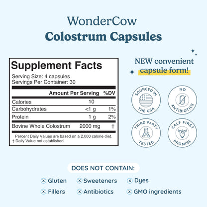 Cápsulas de calostro WONDERCOW — Salud intestinal e inmunidad (30 porciones)
