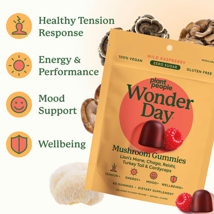 Plant People WonderDay Mushroom Gummies – Melena de león, Cordyceps y Chaga | Inmunidad, Energía y Ánimo | Vegano | 60 unidades