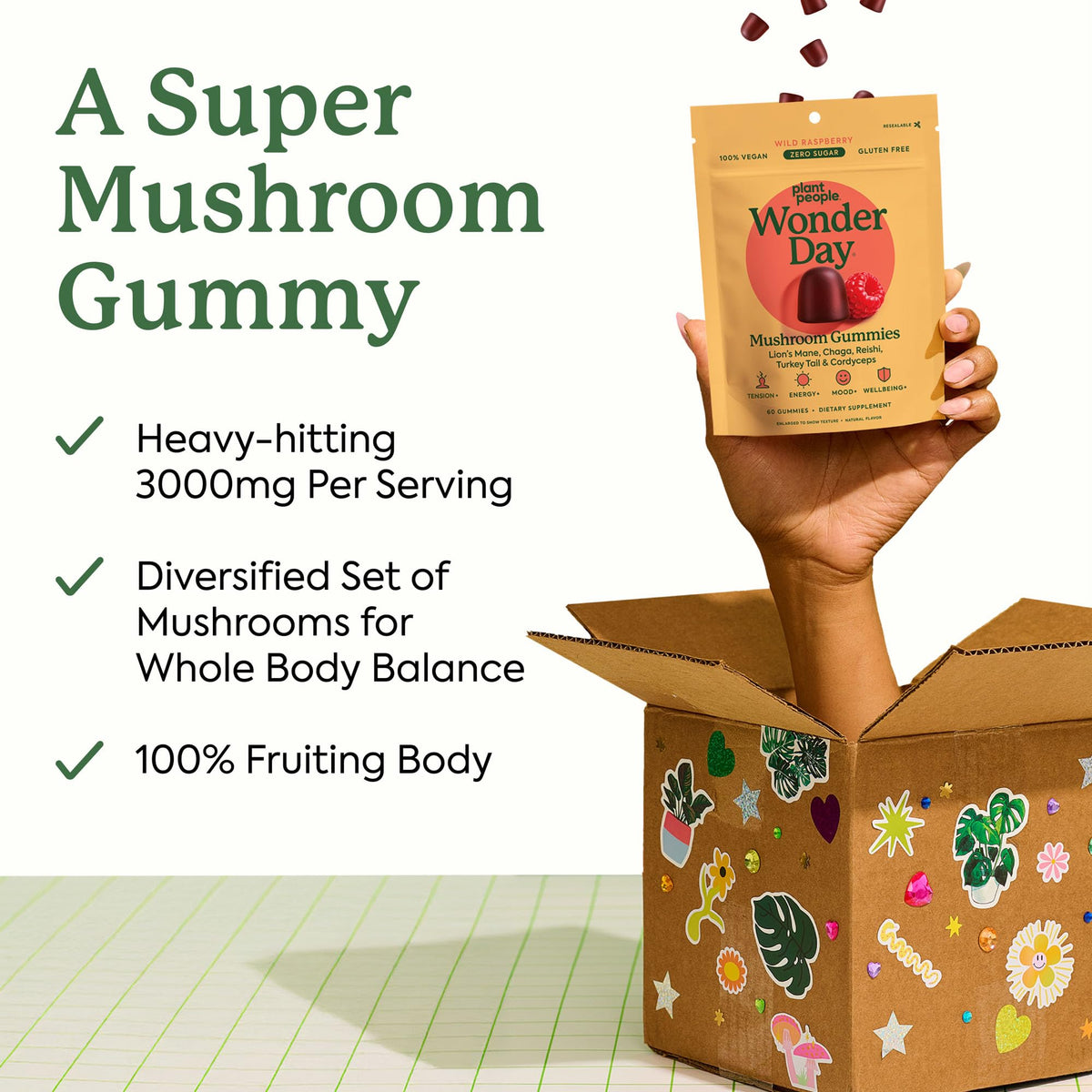 Plant People WonderDay Mushroom Gummies – Melena de león, Cordyceps y Chaga | Inmunidad, Energía y Ánimo | Vegano | 60 unidades