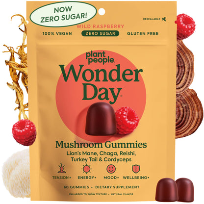 Packaging of Plant People Wonder Day Mushroom Gummies with wild raspberry flavor, showing gummies and packaging details.