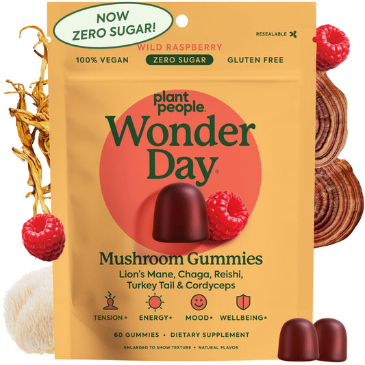 Packaging of Plant People Wonder Day Mushroom Gummies with wild raspberry flavor, showing gummies and packaging details.