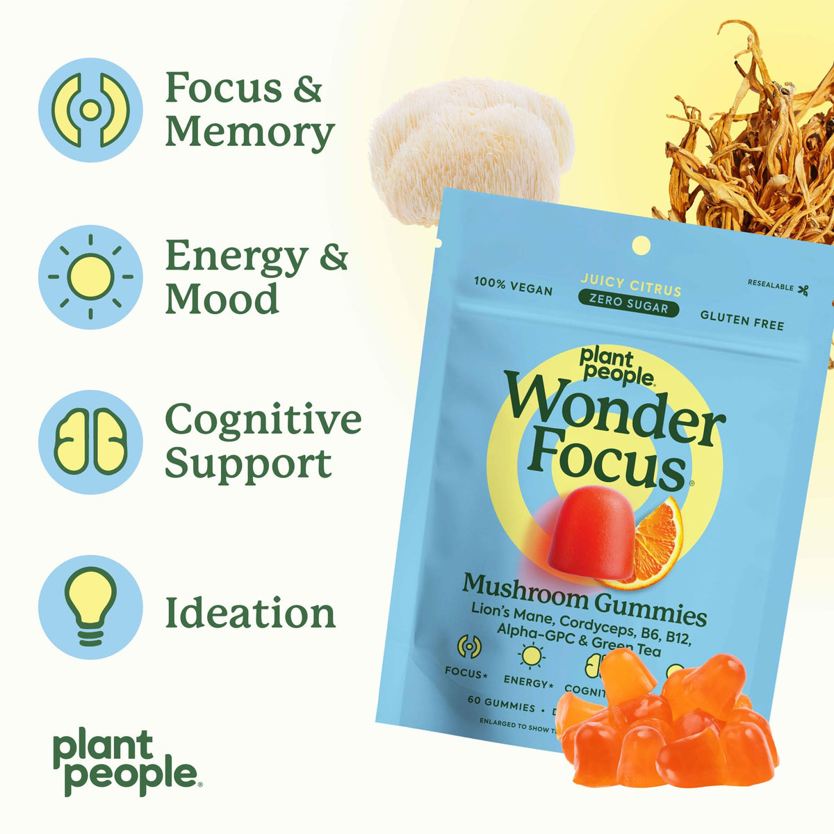 Gomitas de hongos WonderFocus – Nootrópico para el cerebro con Melena de León y Cordyceps | Veganas, sin azúcar | Cítricos | 60 unidades