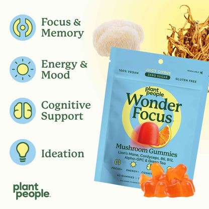 Gomitas de hongos WonderFocus – Nootrópico para el cerebro con Melena de León y Cordyceps | Veganas, sin azúcar | Cítricos | 60 unidades