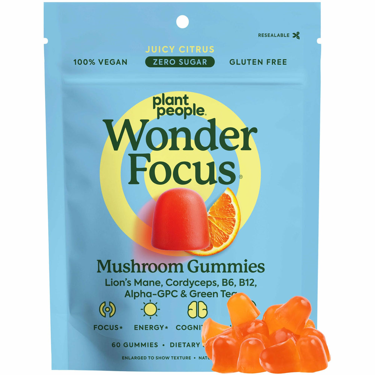 Package of plant people Wonder Focus Mushroom Gummies with blue background