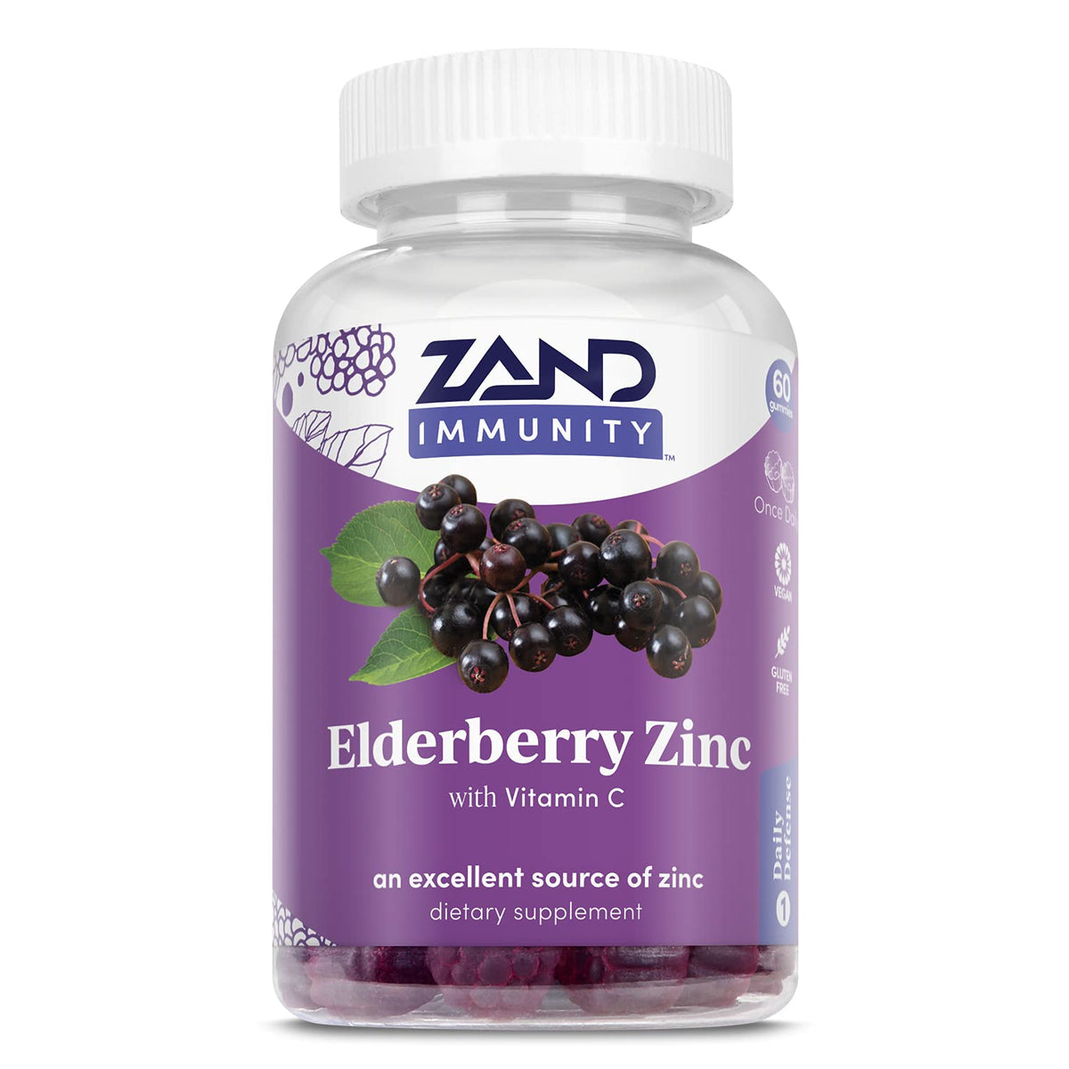 Supplement bottle labeled 'Zand Immunity Elderberry Zinc with Vitamin C' on a white background