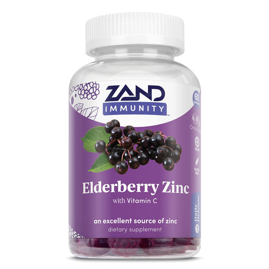 Supplement bottle labeled 'Zand Immunity Elderberry Zinc with Vitamin C' on a white background