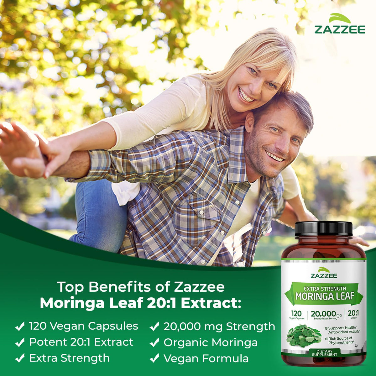 Zazzee Moringa Orgánico Extracto 20:1 20.000mg | 120 Cápsulas Veganas
