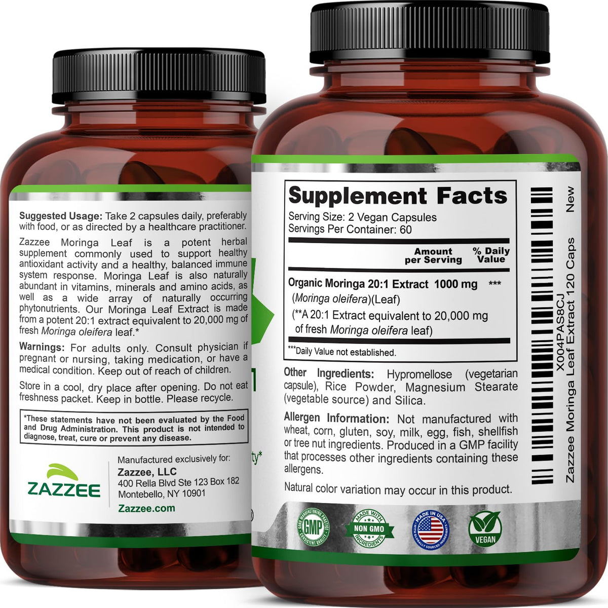 Zazzee Moringa Orgánico Extracto 20:1 20.000mg | 120 Cápsulas Veganas