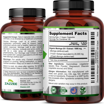 Zazzee Moringa Orgánico Extracto 20:1 20.000mg | 120 Cápsulas Veganas