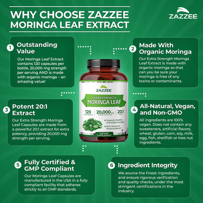 Zazzee Moringa Orgánico Extracto 20:1 20.000mg | 120 Cápsulas Veganas