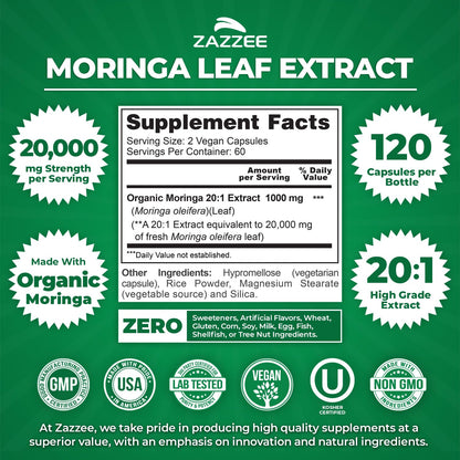 Zazzee Moringa Orgánico Extracto 20:1 20.000mg | 120 Cápsulas Veganas