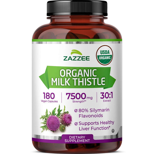 Zazzee USDA Organic Milk Thistle 30:1 Extract – 7500 mg per Capsule, 180 Vegan Capsules, 80% Silymarin, USA Made - Calm Era
