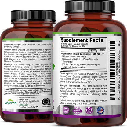 Zazzee USDA Organic Milk Thistle 30:1 Extract – 7500 mg per Capsule, 180 Vegan Capsules, 80% Silymarin, USA Made - Calm Era