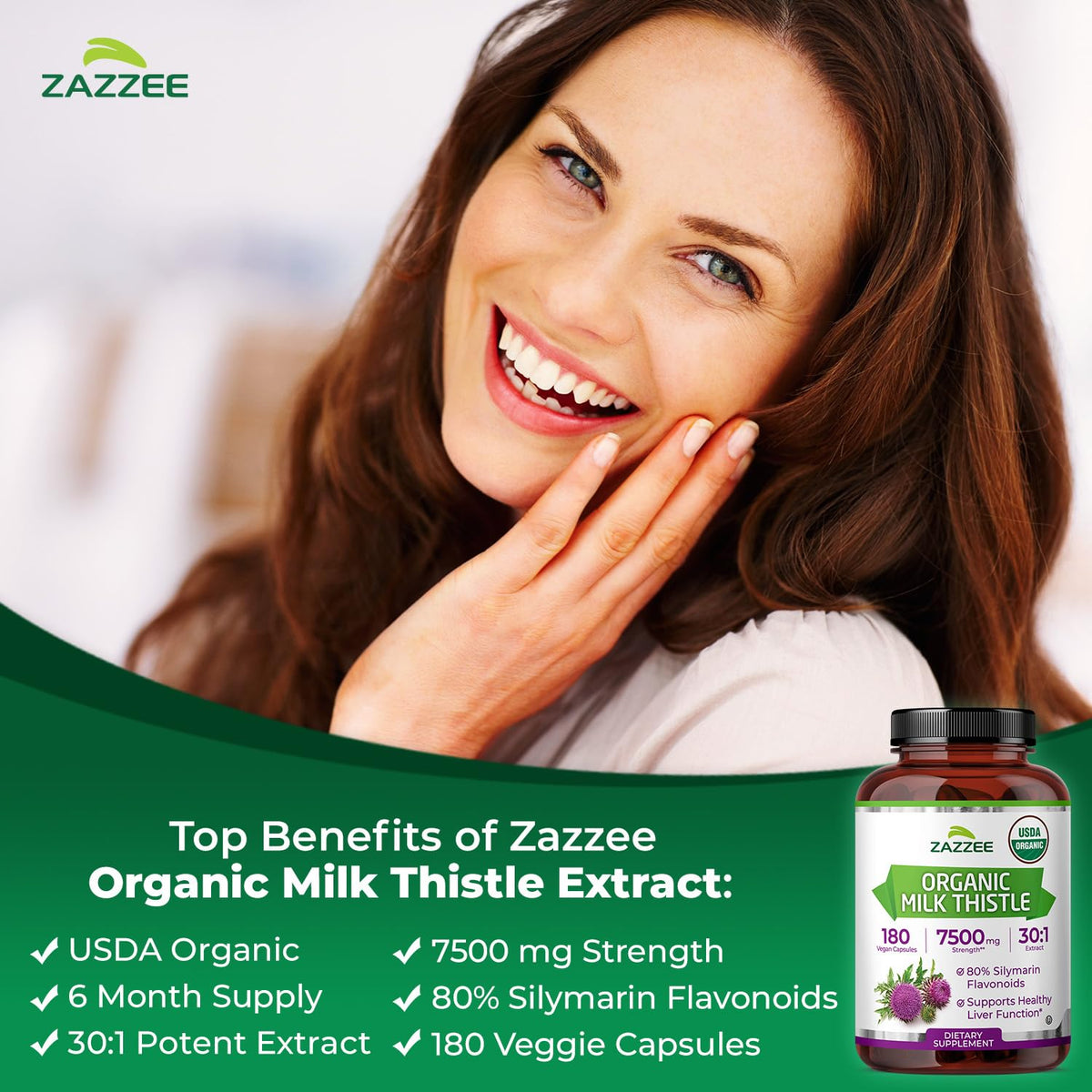 Zazzee USDA Organic Milk Thistle 30:1 Extract – 7500 mg per Capsule, 180 Vegan Capsules, 80% Silymarin, USA Made - Calm Era