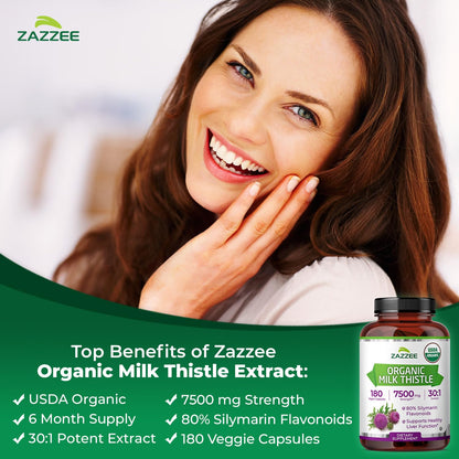 Zazzee USDA Organic Milk Thistle 30:1 Extract – 7500 mg per Capsule, 180 Vegan Capsules, 80% Silymarin, USA Made - Calm Era