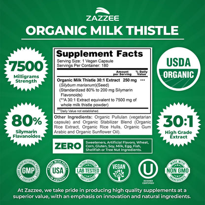 Zazzee USDA Organic Milk Thistle 30:1 Extract – 7500 mg per Capsule, 180 Vegan Capsules, 80% Silymarin, USA Made - Calm Era