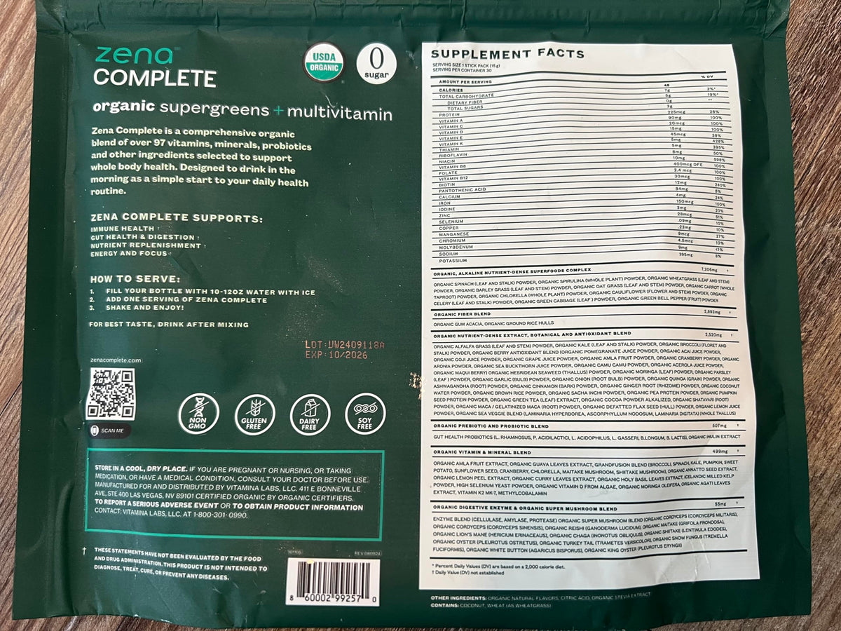 Zena Nutrition Complete Organic Super Greens & Multivitamin – Watermelon Citrus | 30 Packets - Calm Era