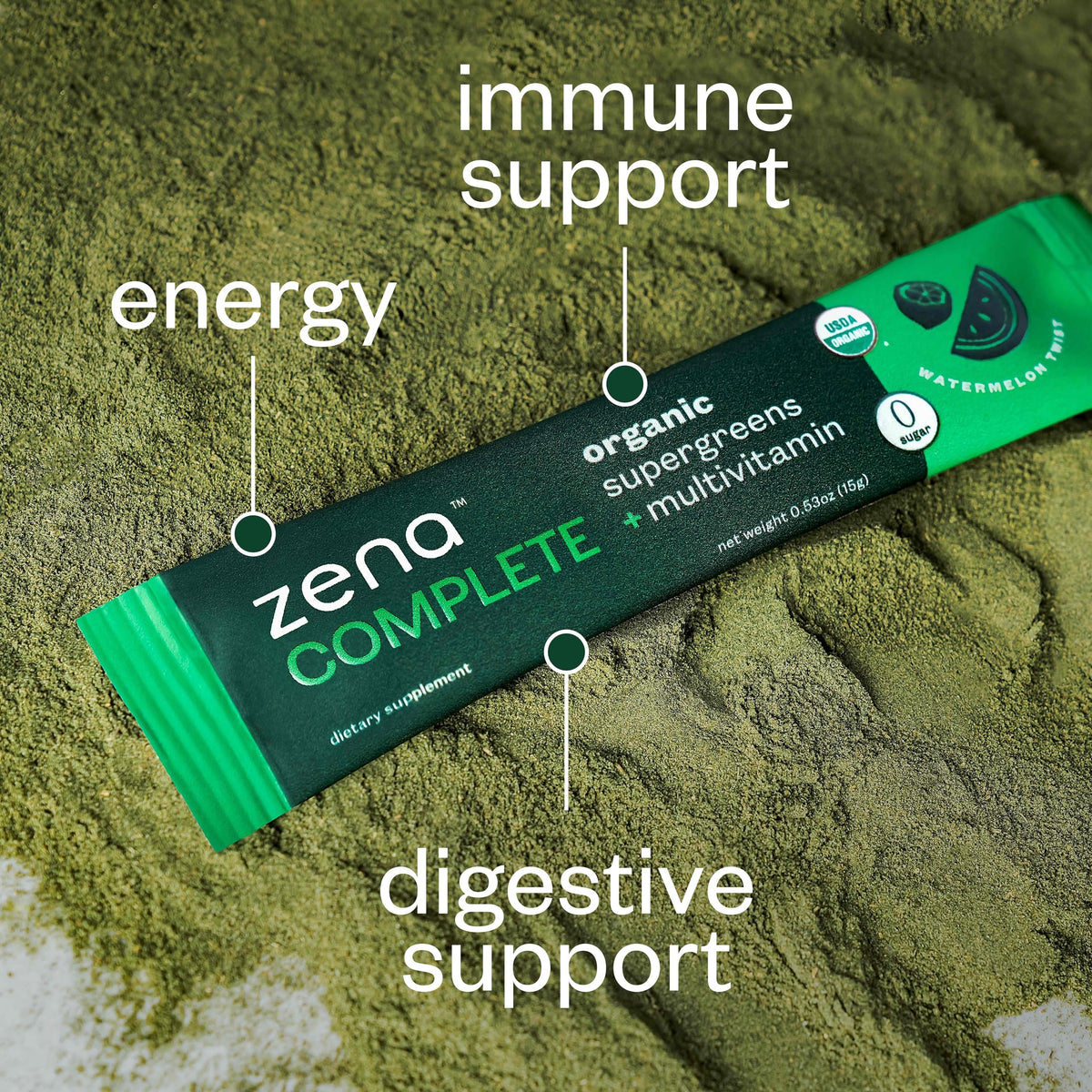Zena Nutrition Complete Organic Super Greens & Multivitamin – Watermelon Citrus | 30 Packets - Calm Era