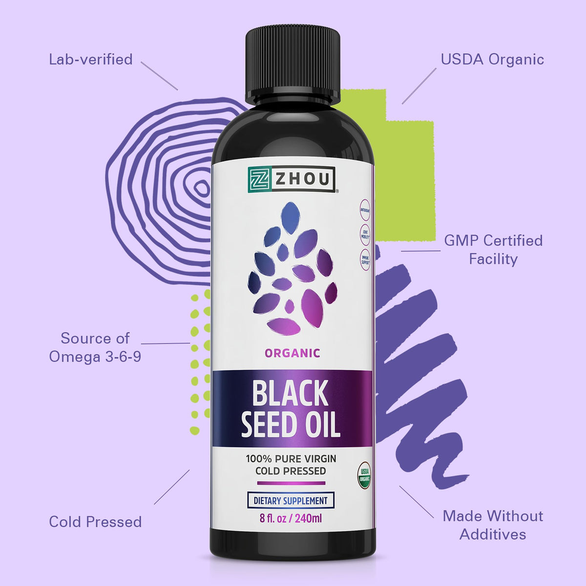 ZHOU Aceite de Semilla Negra Orgánico – Nigella Sativa Prensado en Frío, 8 oz (Paquete de 2)