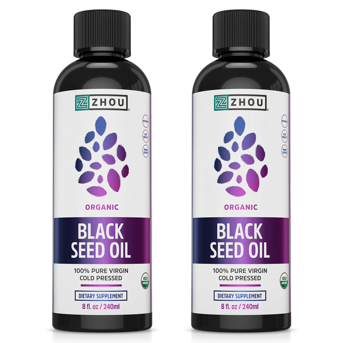 ZHOU Aceite de Semilla Negra Orgánico – Nigella Sativa Prensado en Frío, 8 oz (Paquete de 2)