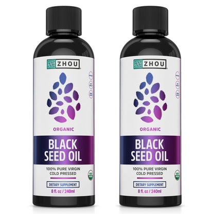 ZHOU Aceite de Semilla Negra Orgánico – Nigella Sativa Prensado en Frío, 8 oz (Paquete de 2)